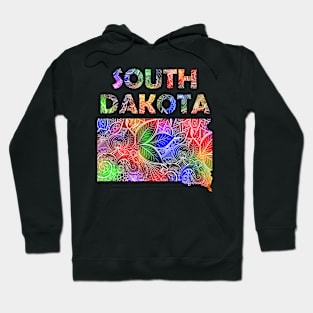 Colorful mandala art map of South Dakota with text in multicolor pattern Hoodie